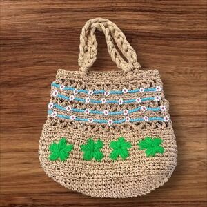 Urban Outfitters Straw Woven Beaded Floral Green Accent‎ Tote Bag